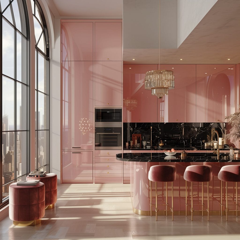 A luxurious retro luxe kitchen with high-gloss pink cabinetry, black marble countertops, and polished brass fixtures. The design includes statement pendant lighting and velvet bar stools.