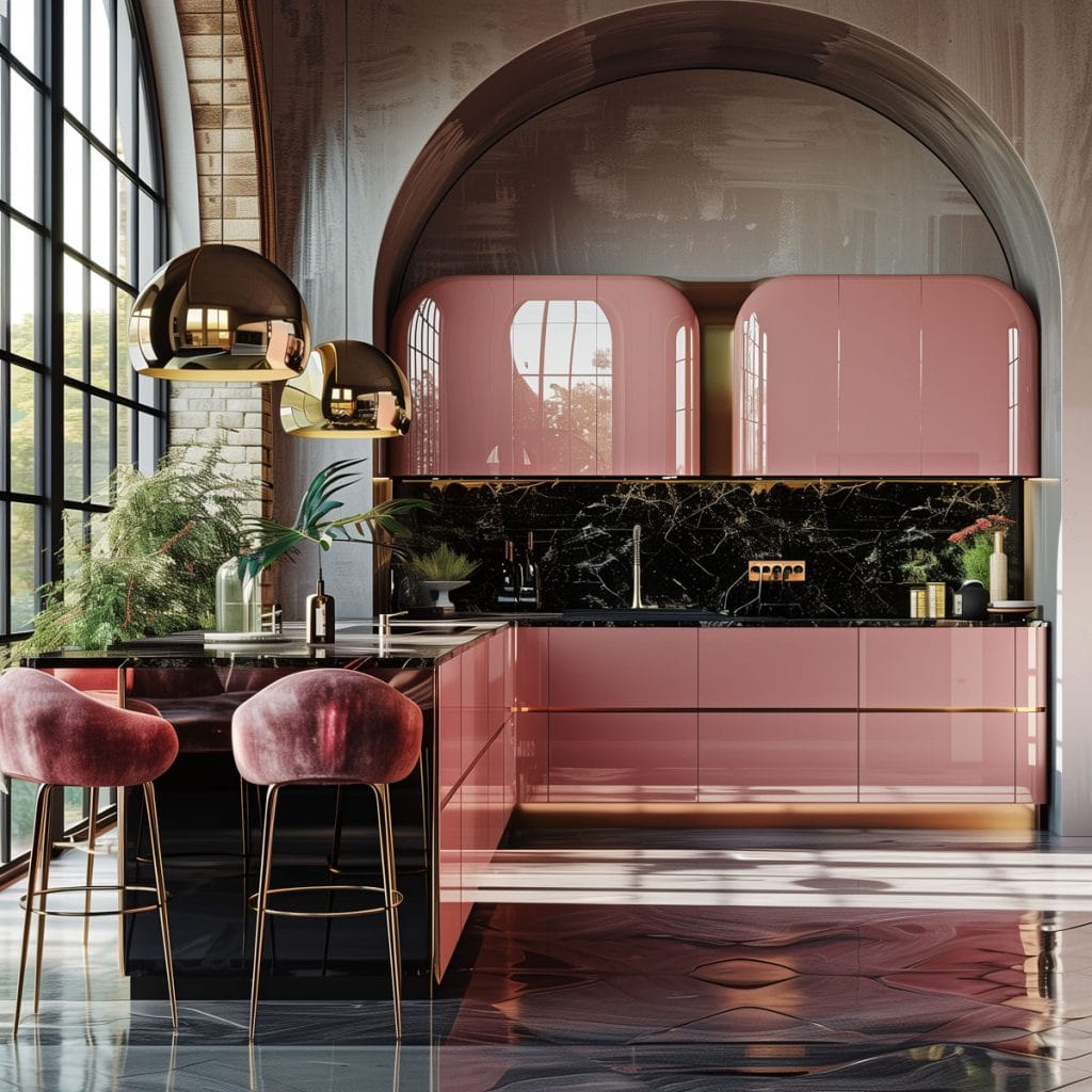 A luxurious retro luxe kitchen with high-gloss pink cabinetry, black marble countertops, and polished brass fixtures. The design includes statement pendant lighting and velvet bar stools.