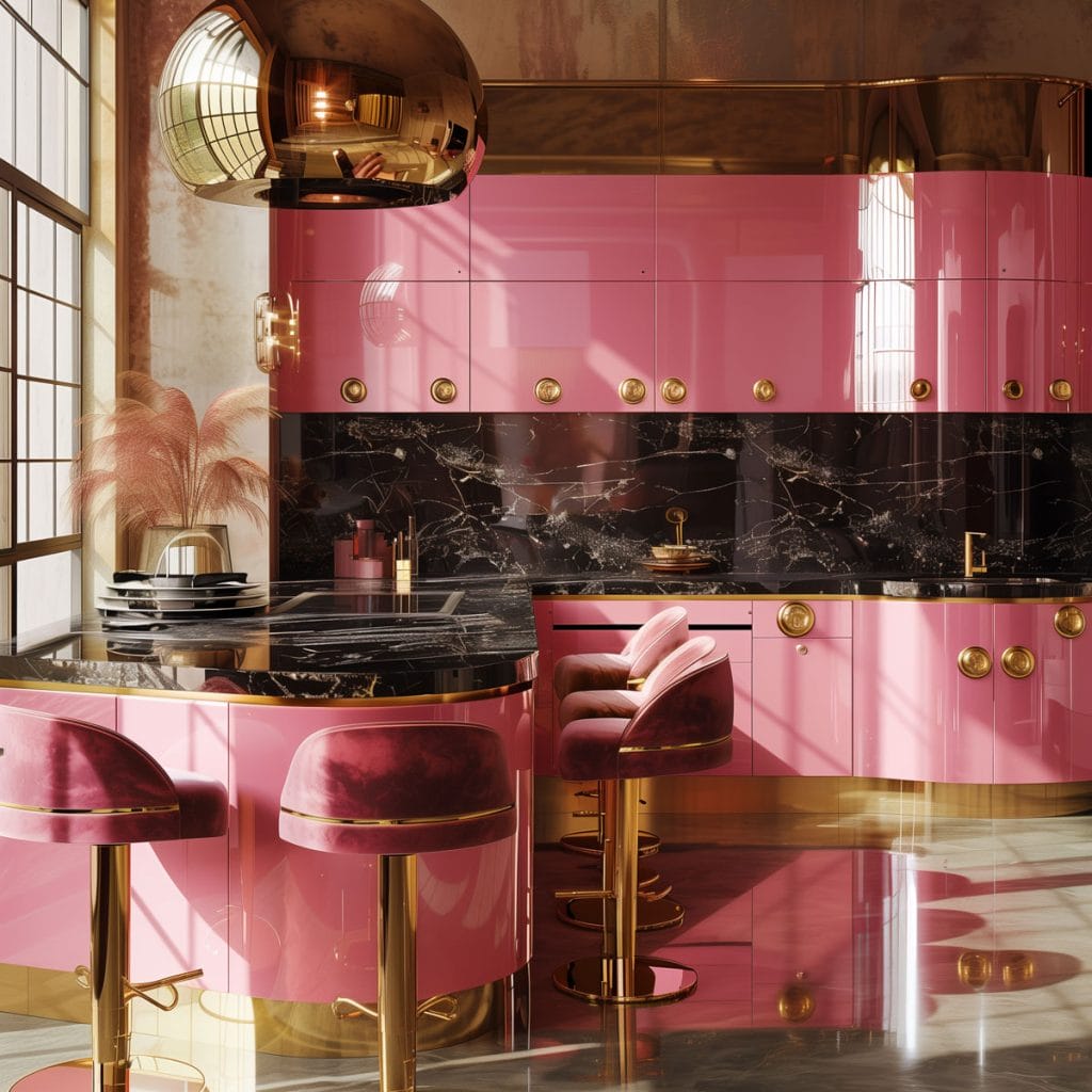 A luxurious retro luxe kitchen with high-gloss pink cabinetry, black marble countertops, and polished brass fixtures. The design includes statement pendant lighting and velvet bar stools.