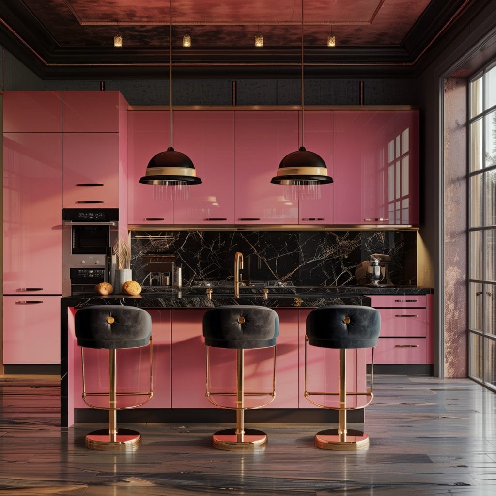 A luxurious retro luxe kitchen with high-gloss pink cabinetry, black marble countertops, and polished brass fixtures. The design includes statement pendant lighting and velvet bar stools.