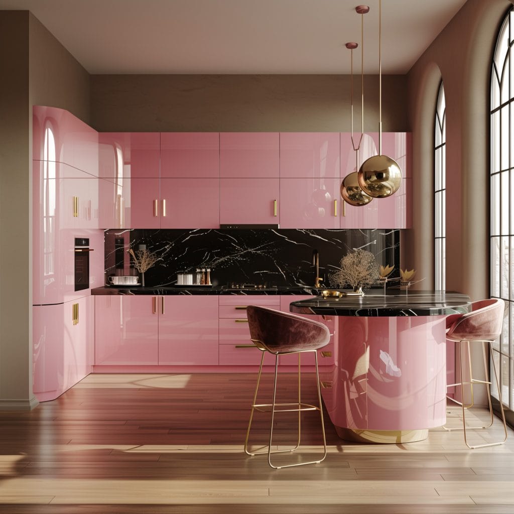 A luxurious retro luxe kitchen with high-gloss pink cabinetry, black marble countertops, and polished brass fixtures. The design includes statement pendant lighting and velvet bar stools.