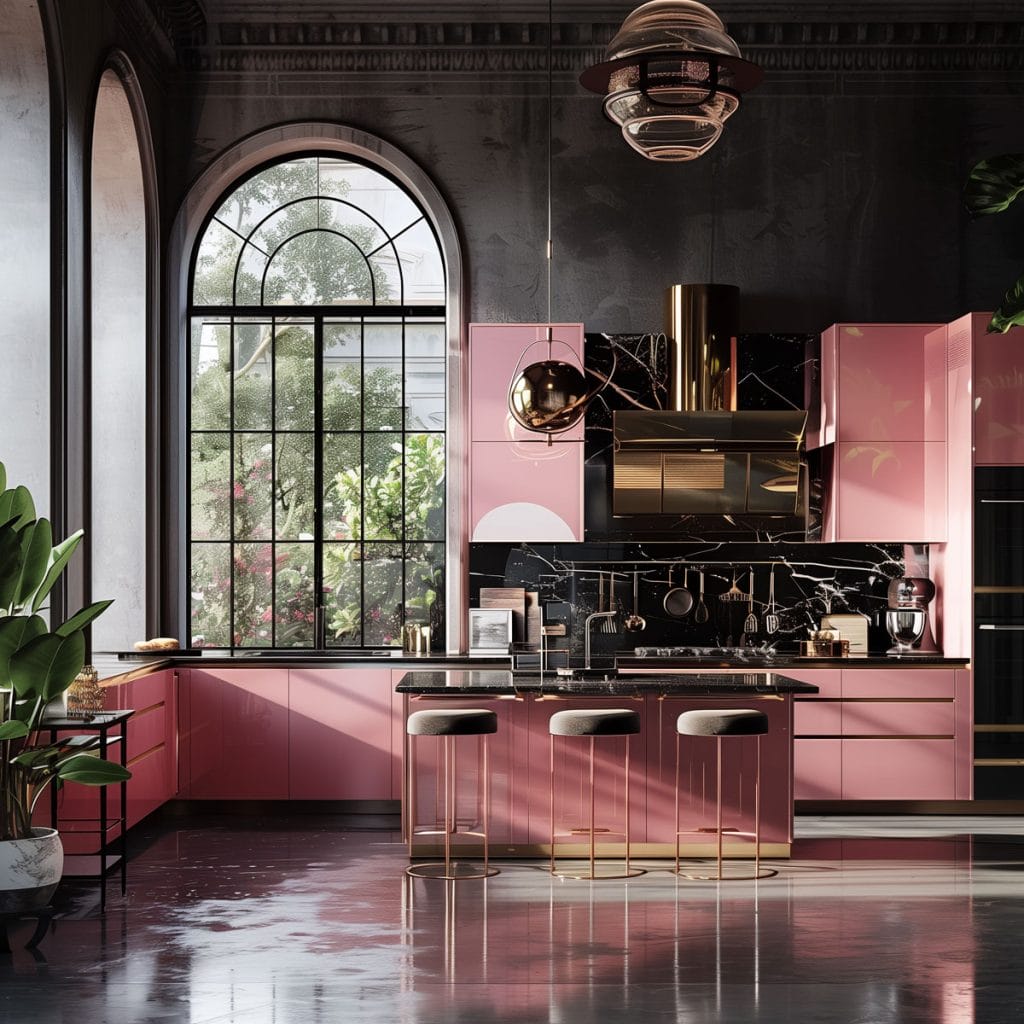 A luxurious retro luxe kitchen with high-gloss pink cabinetry, black marble countertops, and polished brass fixtures. The design includes statement pendant lighting and velvet bar stools.