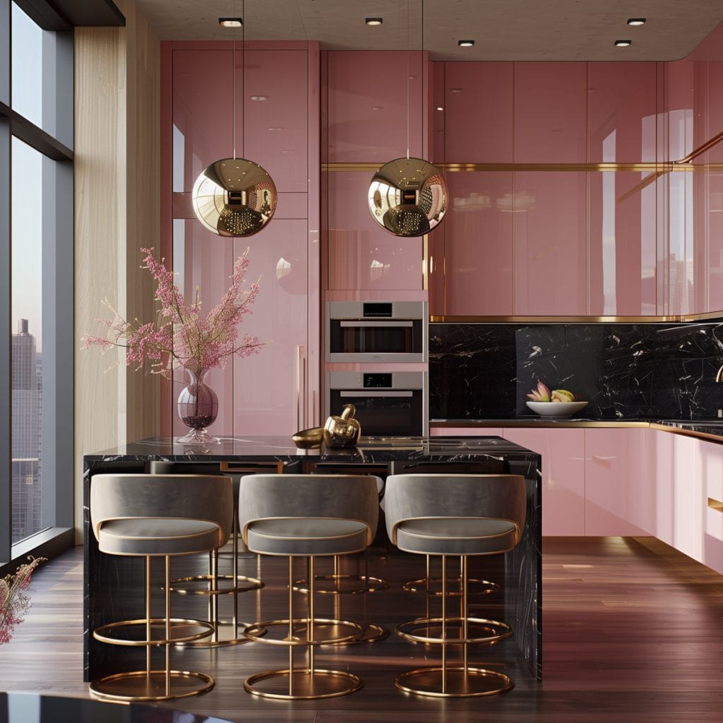 A luxurious retro luxe kitchen with high-gloss pink cabinetry, black marble countertops, and polished brass fixtures. The design includes statement pendant lighting and velvet bar stools.