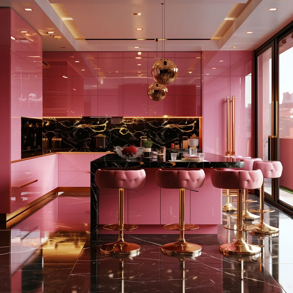 A luxurious retro luxe kitchen with high-gloss pink cabinetry, black marble countertops, and polished brass fixtures. The design includes statement pendant lighting and velvet bar stools.