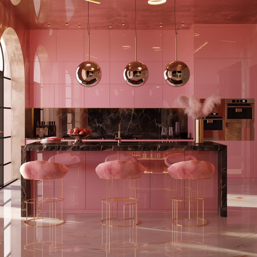 A luxurious retro luxe kitchen with high-gloss pink cabinetry, black marble countertops, and polished brass fixtures. The design includes statement pendant lighting and velvet bar stools.