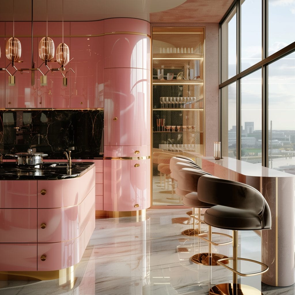 A luxurious retro luxe kitchen with high-gloss pink cabinetry, black marble countertops, and polished brass fixtures. The design includes statement pendant lighting and velvet bar stools.