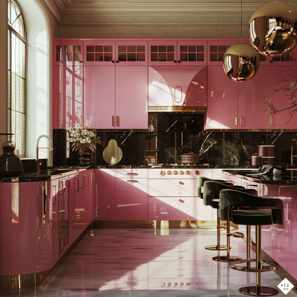 A luxurious retro luxe kitchen with high-gloss pink cabinetry, black marble countertops, and polished brass fixtures. The design includes statement pendant lighting and velvet bar stools.