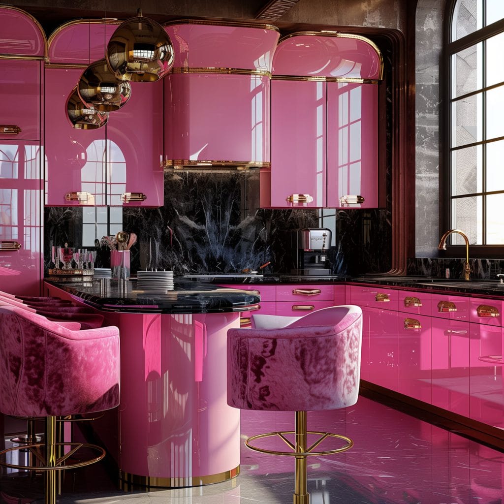 A luxurious retro luxe kitchen with high-gloss pink cabinetry, black marble countertops, and polished brass fixtures. The design includes statement pendant lighting and velvet bar stools.