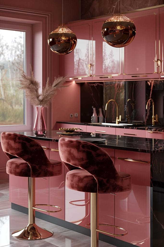 A luxurious retro luxe kitchen with high-gloss pink cabinetry, black marble countertops, and polished brass fixtures. The design includes statement pendant lighting and velvet bar stools.