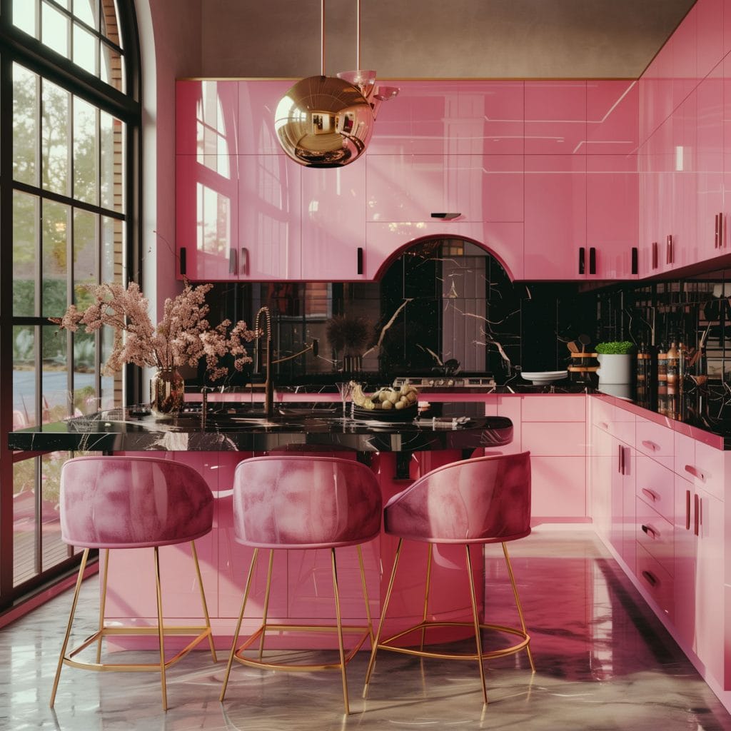 A luxurious retro luxe kitchen with high-gloss pink cabinetry, black marble countertops, and polished brass fixtures. The design includes statement pendant lighting and velvet bar stools.