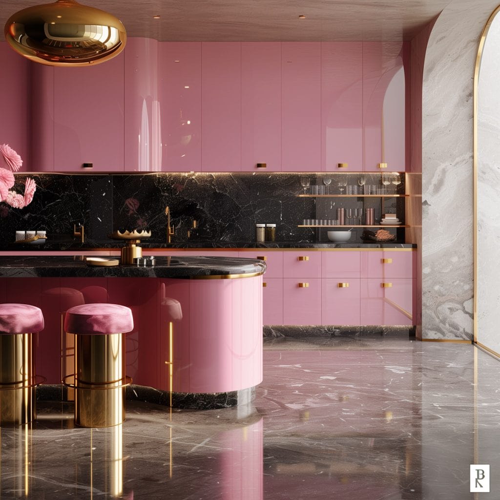 A luxurious retro luxe kitchen with high-gloss pink cabinetry, black marble countertops, and polished brass fixtures. The design includes statement pendant lighting and velvet bar stools.