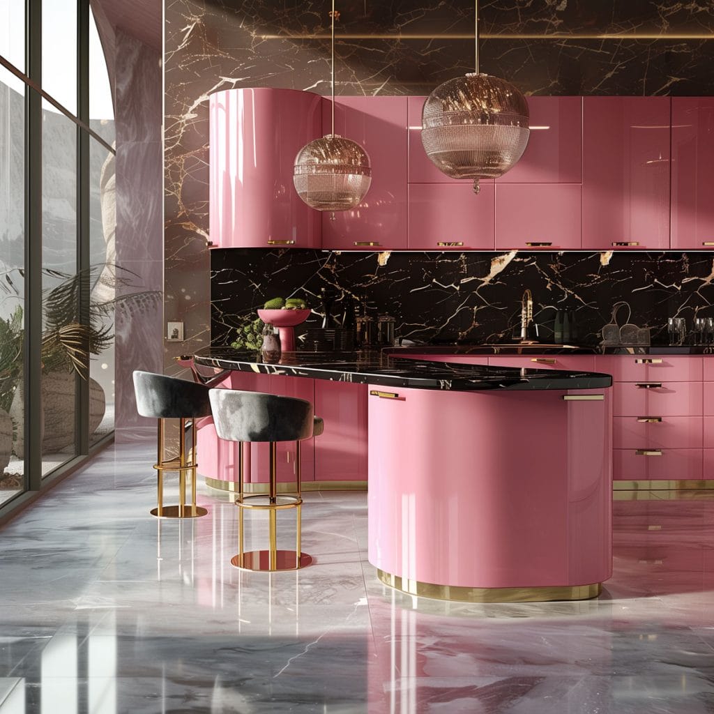 A luxurious retro luxe kitchen with high-gloss pink cabinetry, black marble countertops, and polished brass fixtures. The design includes statement pendant lighting and velvet bar stools.