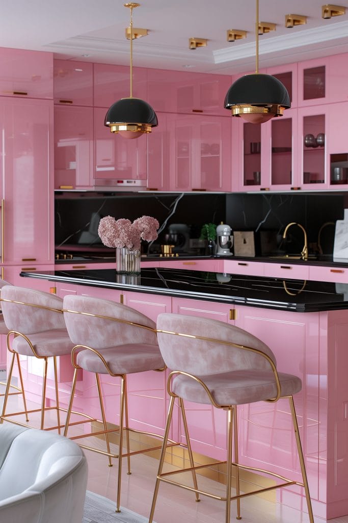 A luxurious retro luxe kitchen with high-gloss pink cabinetry, black marble countertops, and polished brass fixtures. The design includes statement pendant lighting and velvet bar stools.