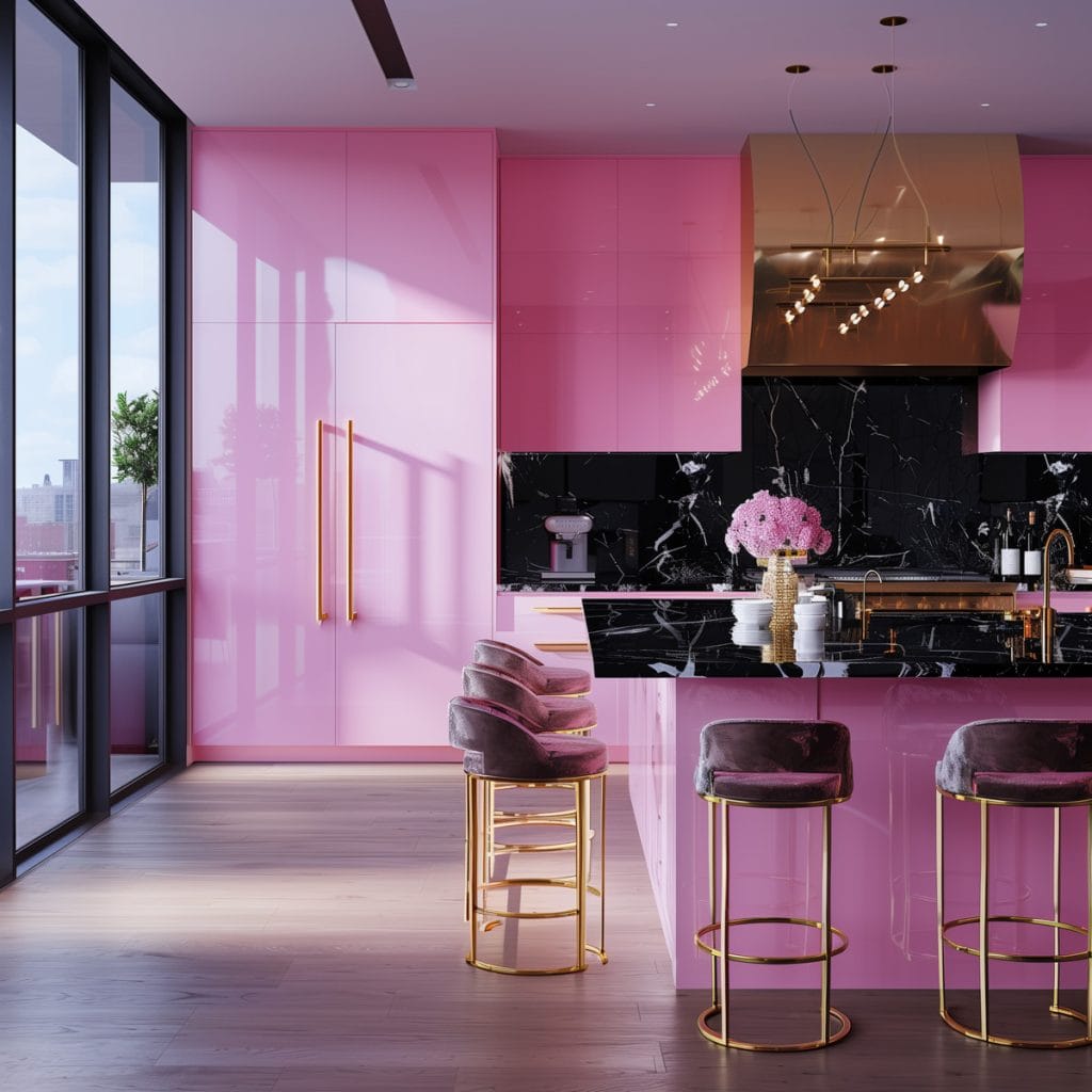 A luxurious retro luxe kitchen with high-gloss pink cabinetry, black marble countertops, and polished brass fixtures. The design includes statement pendant lighting and velvet bar stools.