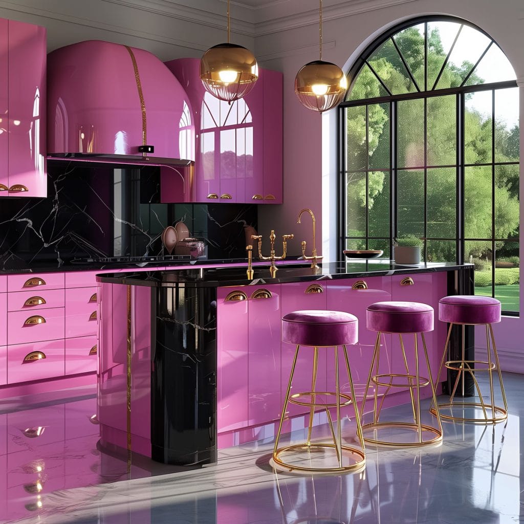 A luxurious retro luxe kitchen with high-gloss pink cabinetry, black marble countertops, and polished brass fixtures. The design includes statement pendant lighting and velvet bar stools.