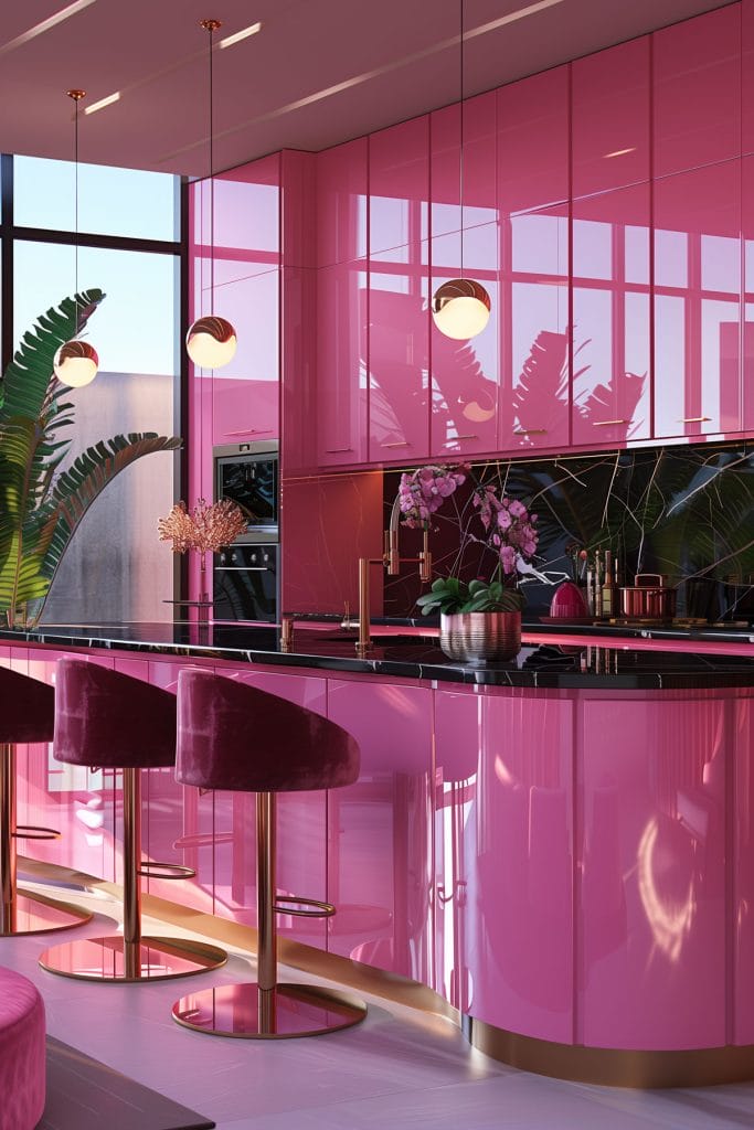 A luxurious retro luxe kitchen with high-gloss pink cabinetry, black marble countertops, and polished brass fixtures. The design includes statement pendant lighting and velvet bar stools.