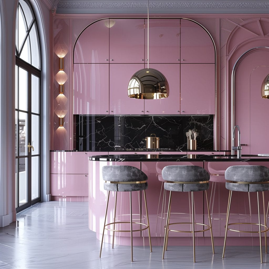 A luxurious retro luxe kitchen with high-gloss pink cabinetry, black marble countertops, and polished brass fixtures. The design includes statement pendant lighting and velvet bar stools.