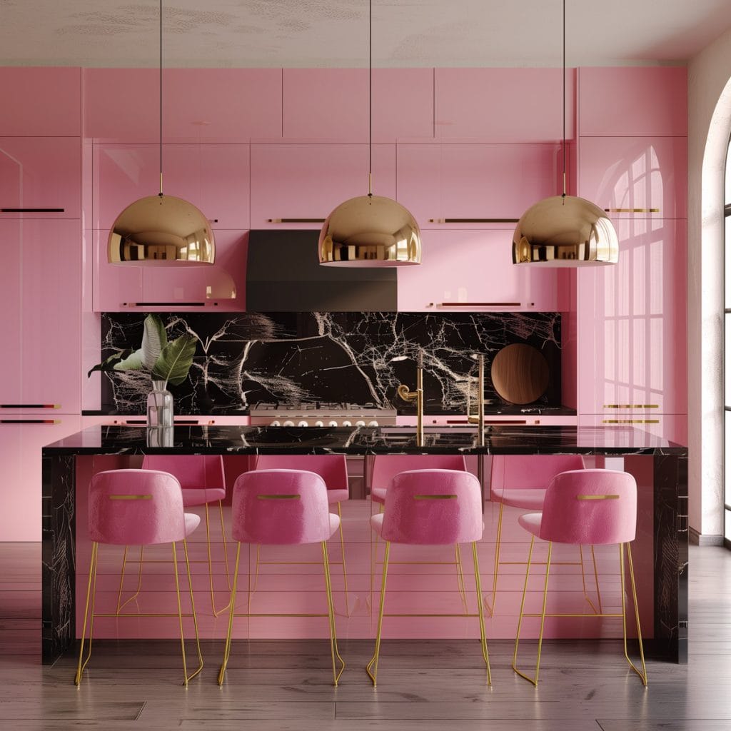 A luxurious retro luxe kitchen with high-gloss pink cabinetry, black marble countertops, and polished brass fixtures. The design includes statement pendant lighting and velvet bar stools.