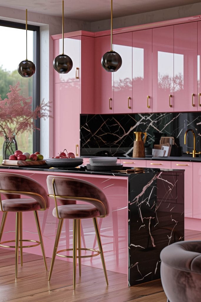 A luxurious retro luxe kitchen with high-gloss pink cabinetry, black marble countertops, and polished brass fixtures. The design includes statement pendant lighting and velvet bar stools.