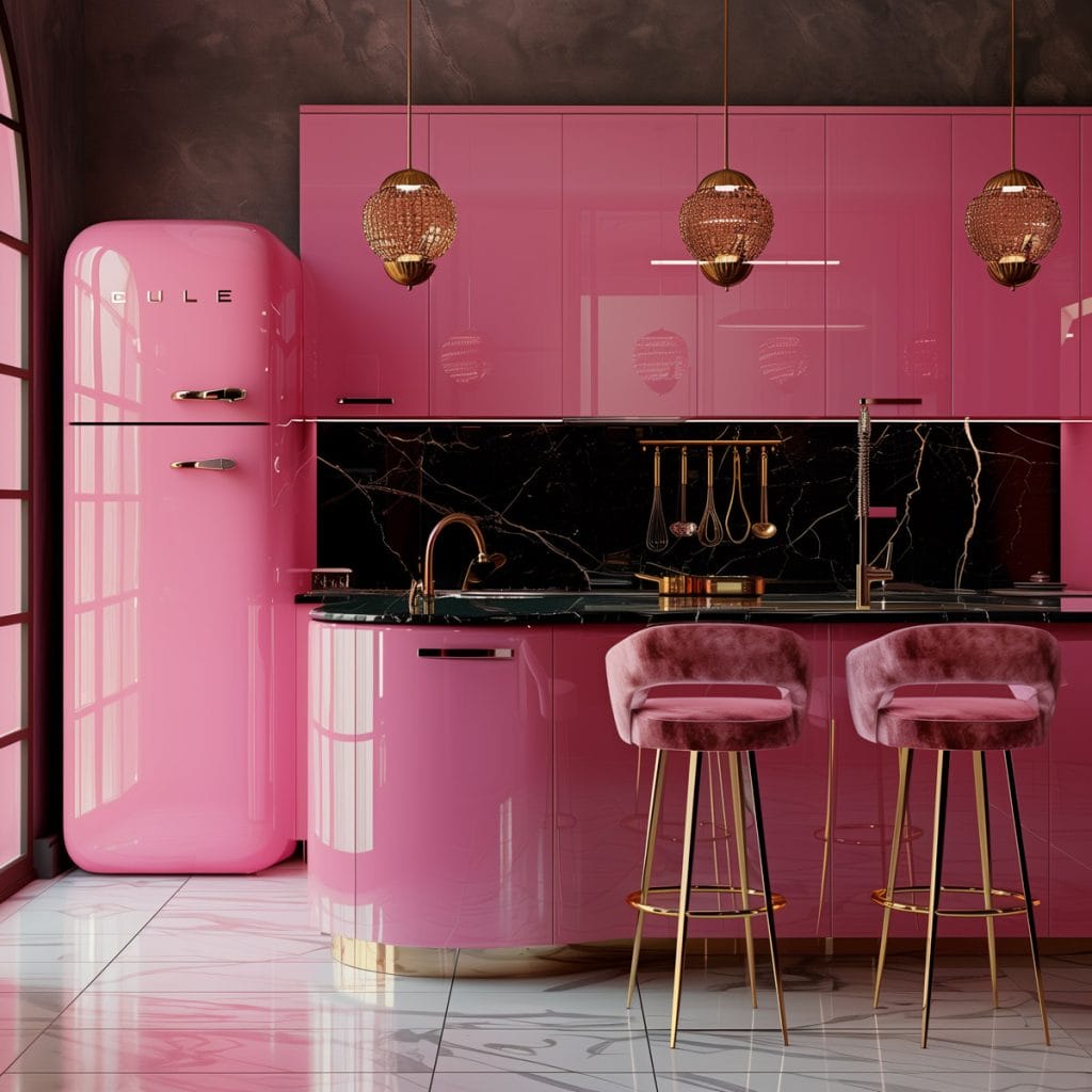 A luxurious retro luxe kitchen with high-gloss pink cabinetry, black marble countertops, and polished brass fixtures. The design includes statement pendant lighting and velvet bar stools.