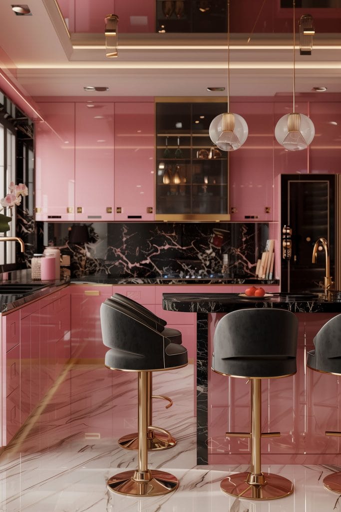 A luxurious retro luxe kitchen with high-gloss pink cabinetry, black marble countertops, and polished brass fixtures. The design includes statement pendant lighting and velvet bar stools.