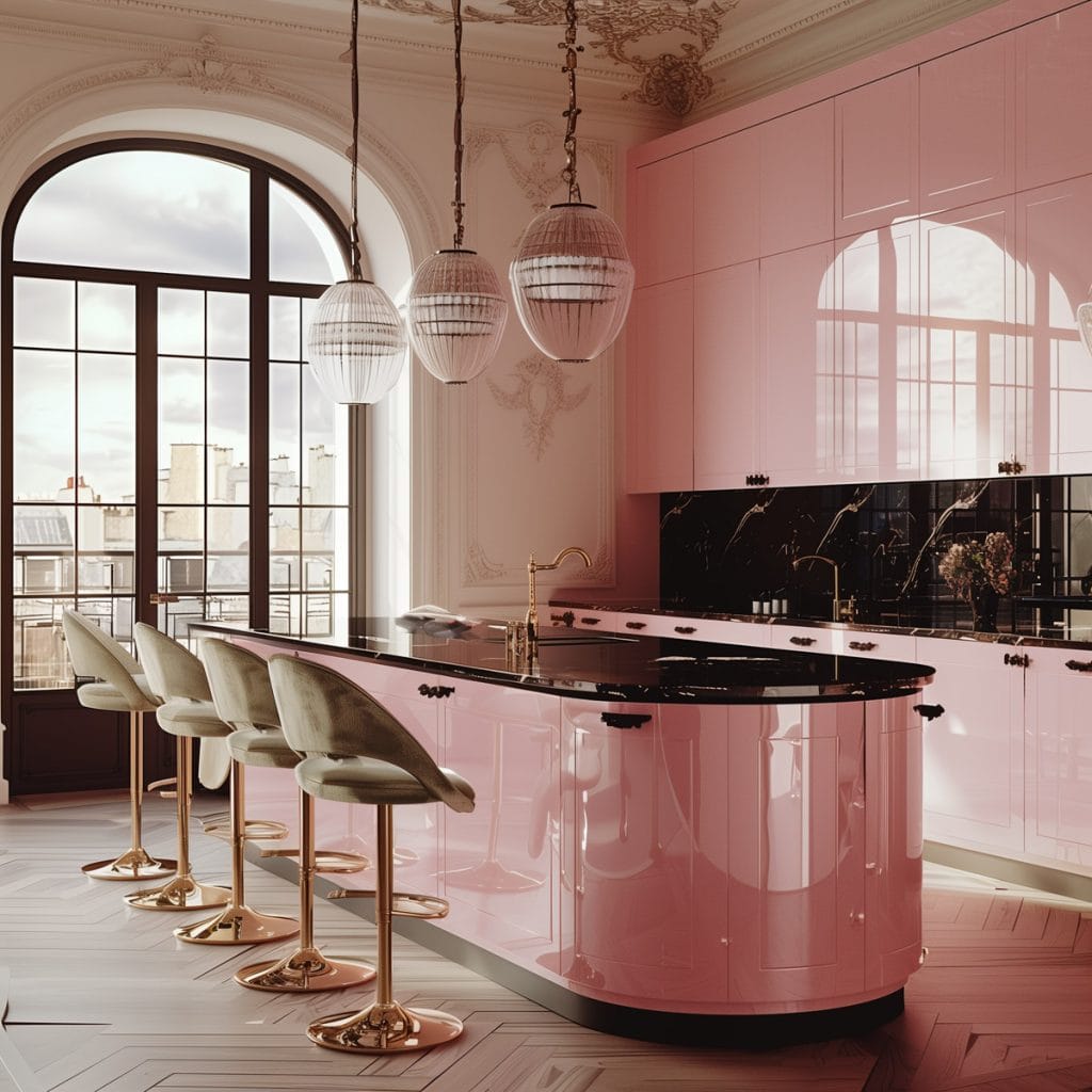 A luxurious retro luxe kitchen with high-gloss pink cabinetry, black marble countertops, and polished brass fixtures. The design includes statement pendant lighting and velvet bar stools.