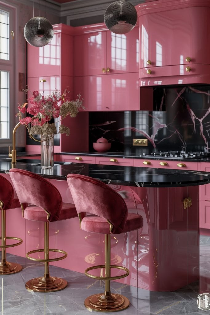 A luxurious retro luxe kitchen with high-gloss pink cabinetry, black marble countertops, and polished brass fixtures. The design includes statement pendant lighting and velvet bar stools.