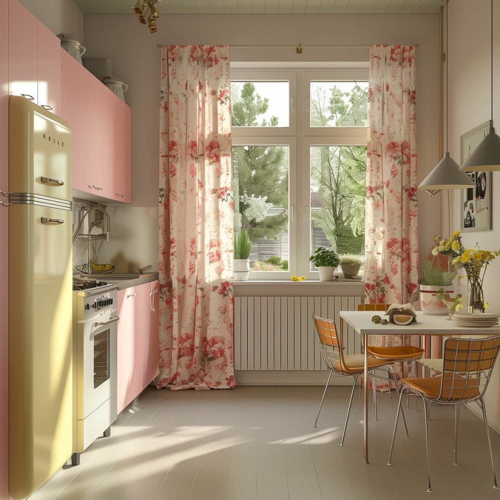 A classic suburban kitchen with soft pink cabinets, linoleum floors, and mid-century modern furniture. The design includes floral curtains and pastel-colored appliances.