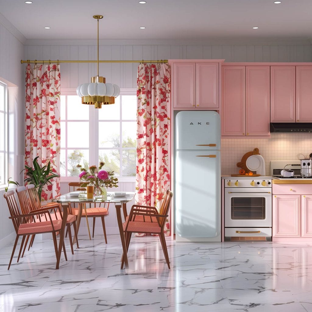 A classic suburban kitchen with soft pink cabinets, linoleum floors, and mid-century modern furniture. The design includes floral curtains and pastel-colored appliances.