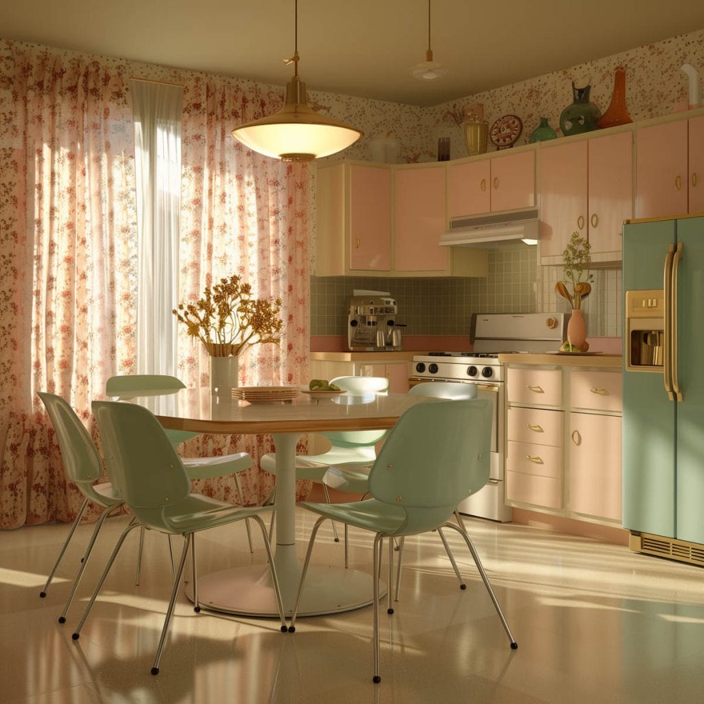 A classic suburban kitchen with soft pink cabinets, linoleum floors, and mid-century modern furniture. The design includes floral curtains and pastel-colored appliances.