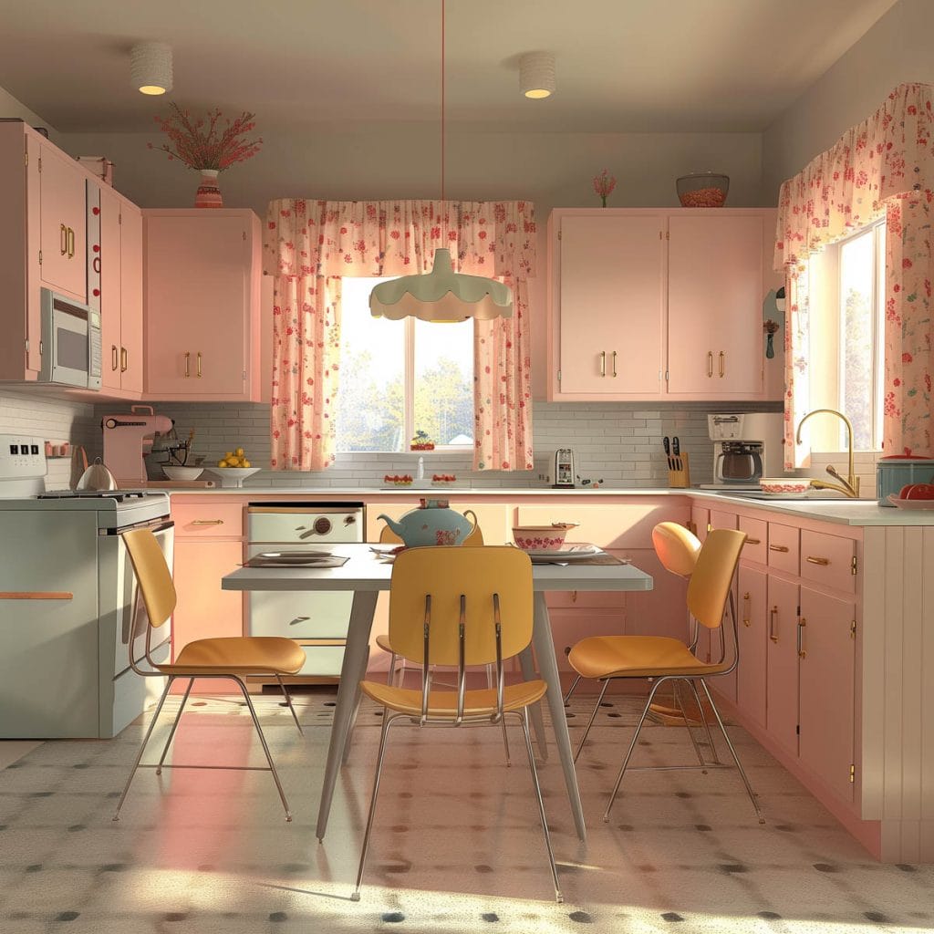 A classic suburban kitchen with soft pink cabinets, linoleum floors, and mid-century modern furniture. The design includes floral curtains and pastel-colored appliances.