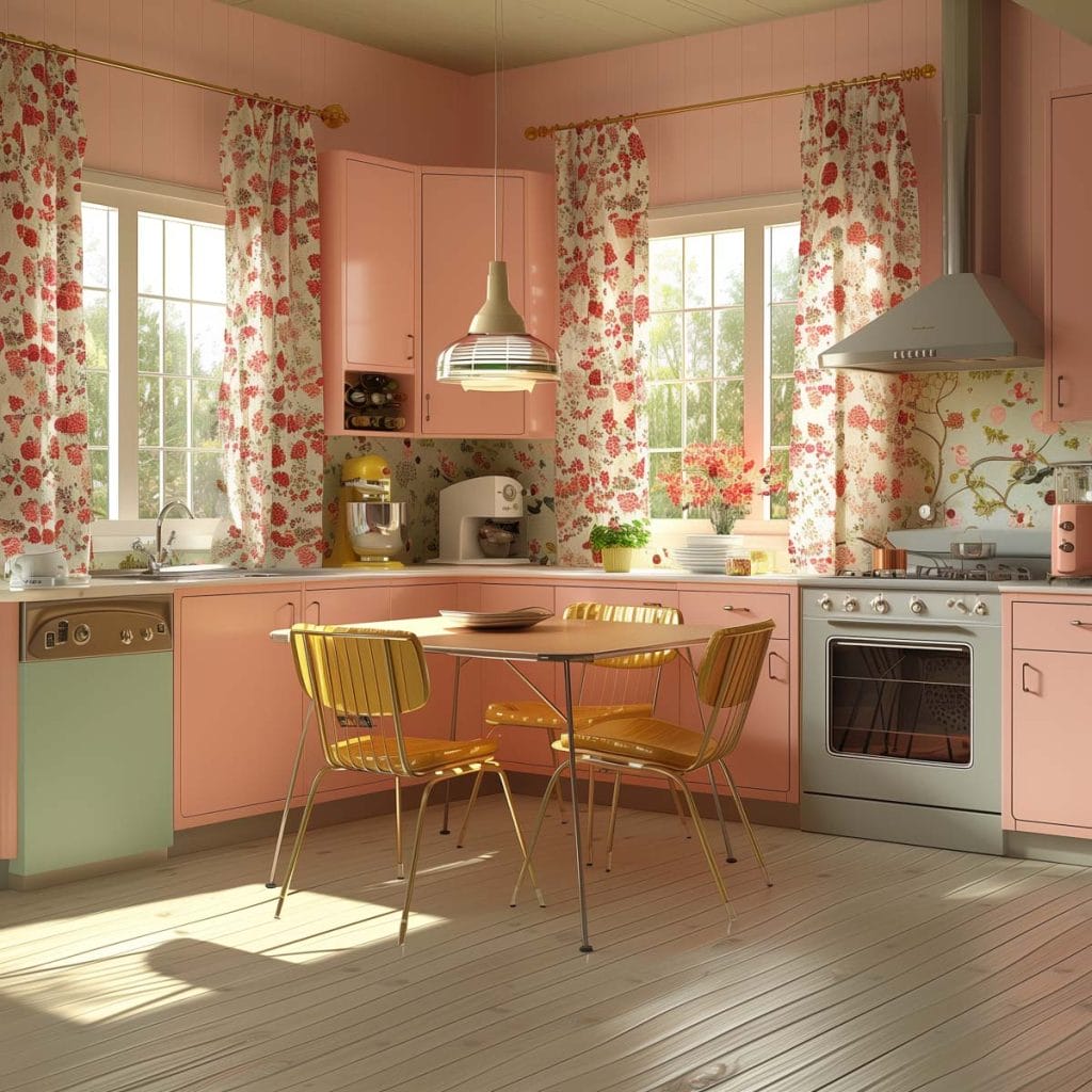 A classic suburban kitchen with soft pink cabinets, linoleum floors, and mid-century modern furniture. The design includes floral curtains and pastel-colored appliances.