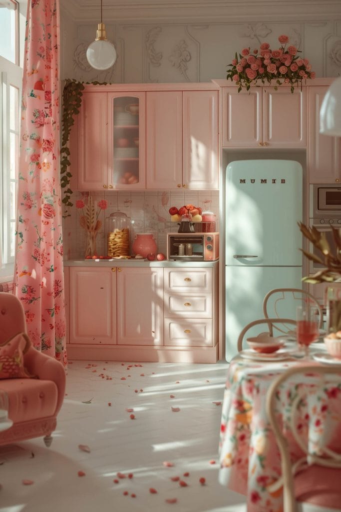 A classic suburban kitchen with soft pink cabinets, linoleum floors, and mid-century modern furniture. The design includes floral curtains and pastel-colored appliances.