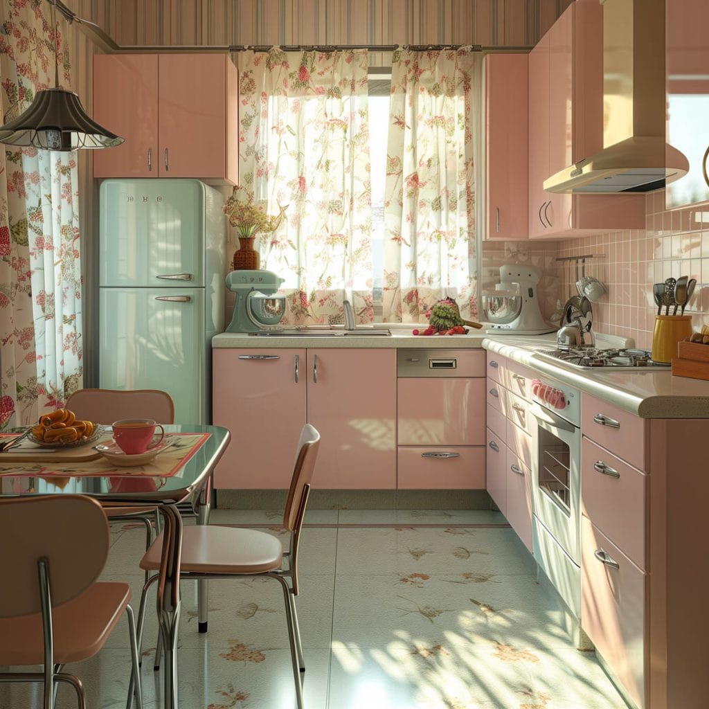 A classic suburban kitchen with soft pink cabinets, linoleum floors, and mid-century modern furniture. The design includes floral curtains and pastel-colored appliances.