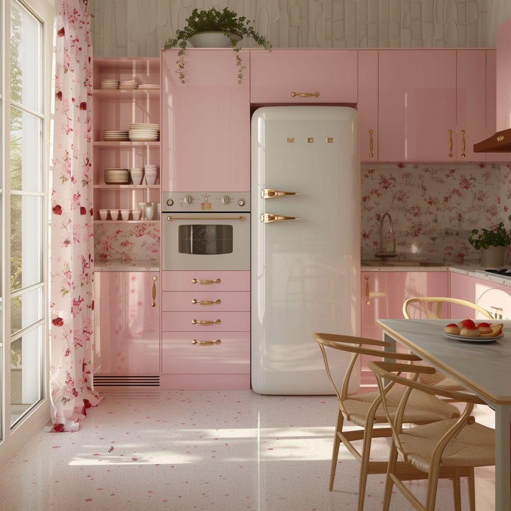 A classic suburban kitchen with soft pink cabinets, linoleum floors, and mid-century modern furniture. The design includes floral curtains and pastel-colored appliances.