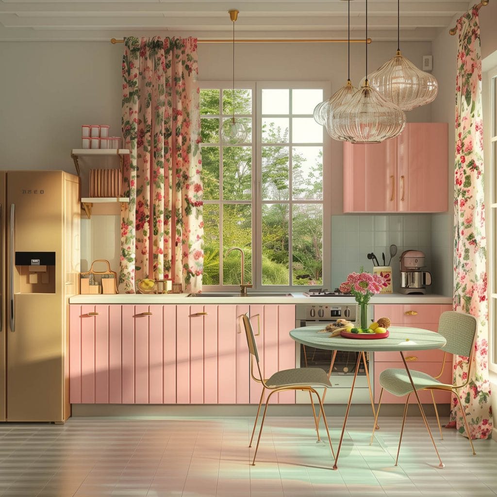 A classic suburban kitchen with soft pink cabinets, linoleum floors, and mid-century modern furniture. The design includes floral curtains and pastel-colored appliances.