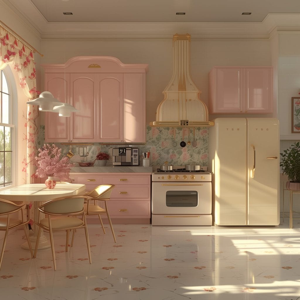 A classic suburban kitchen with soft pink cabinets, linoleum floors, and mid-century modern furniture. The design includes floral curtains and pastel-colored appliances.