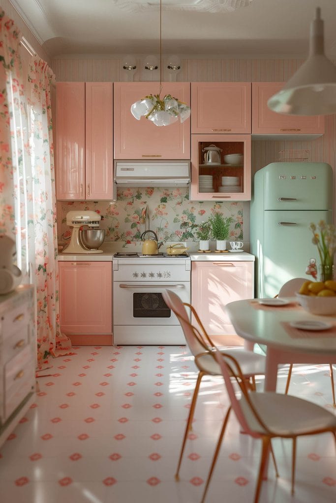 A classic suburban kitchen with soft pink cabinets, linoleum floors, and mid-century modern furniture. The design includes floral curtains and pastel-colored appliances.