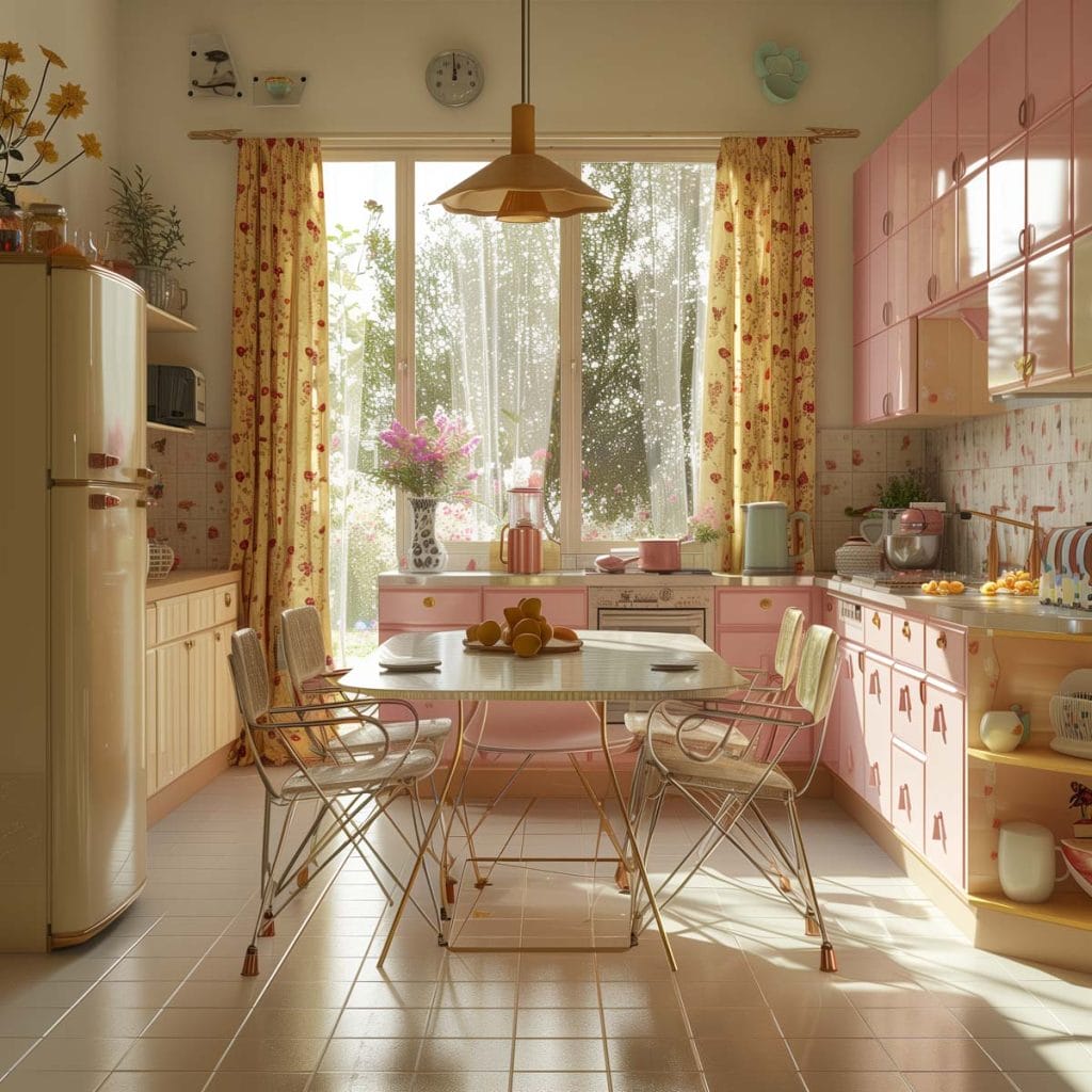 A classic suburban kitchen with soft pink cabinets, linoleum floors, and mid-century modern furniture. The design includes floral curtains and pastel-colored appliances.