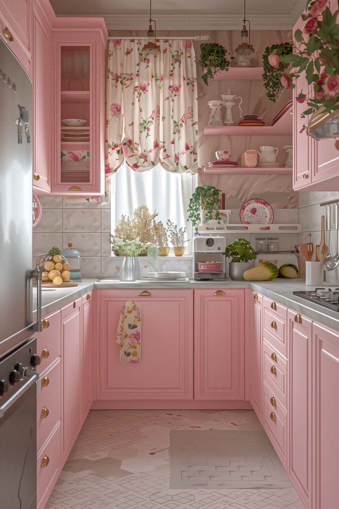 A classic suburban kitchen with soft pink cabinets, linoleum floors, and mid-century modern furniture. The design includes floral curtains and pastel-colored appliances.