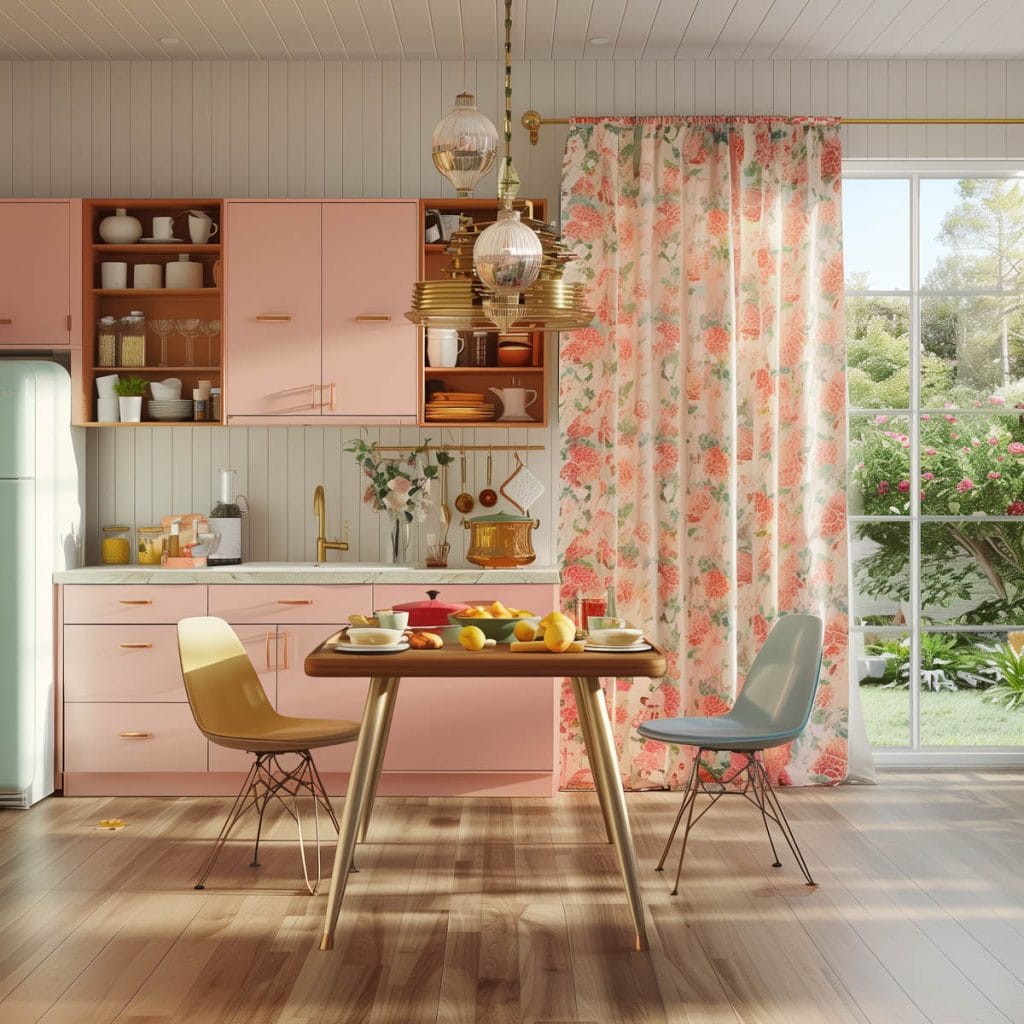 A classic suburban kitchen with soft pink cabinets, linoleum floors, and mid-century modern furniture. The design includes floral curtains and pastel-colored appliances.