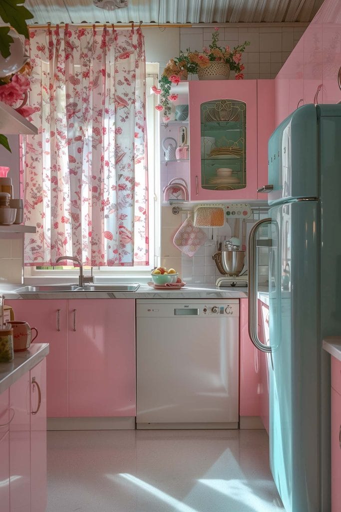 A classic suburban kitchen with soft pink cabinets, linoleum floors, and mid-century modern furniture. The design includes floral curtains and pastel-colored appliances.