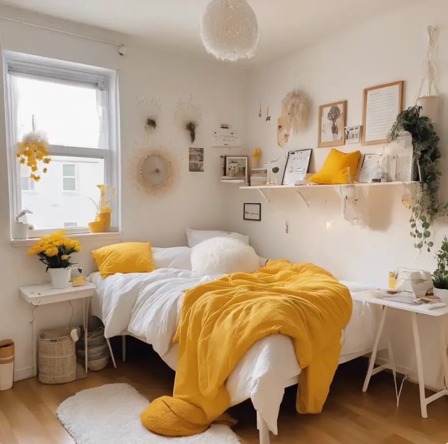 Bright dorm room with yellow and white bedding, wall art, and plants creating a sunny and cheerful atmosphere.