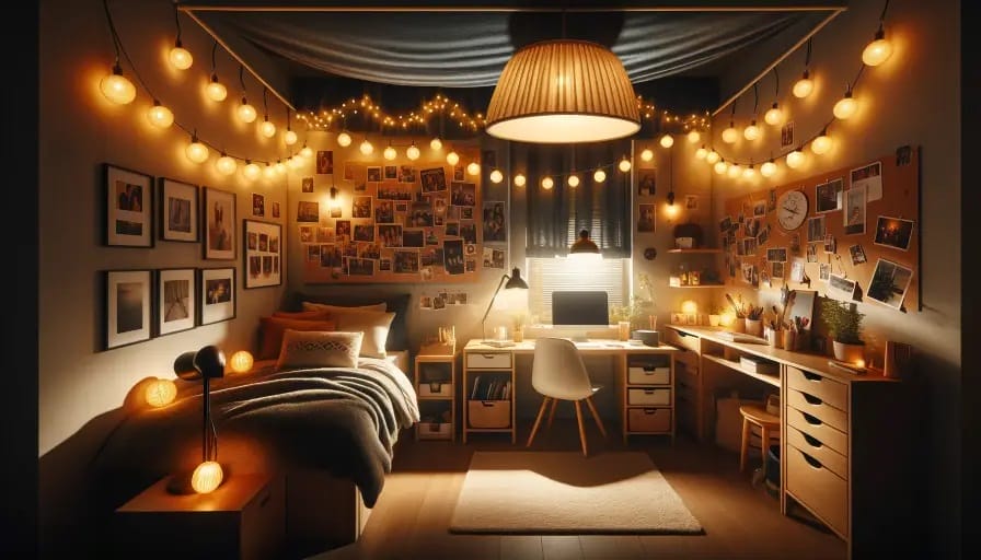 Cozy dorm room with string lights and personalized decor.