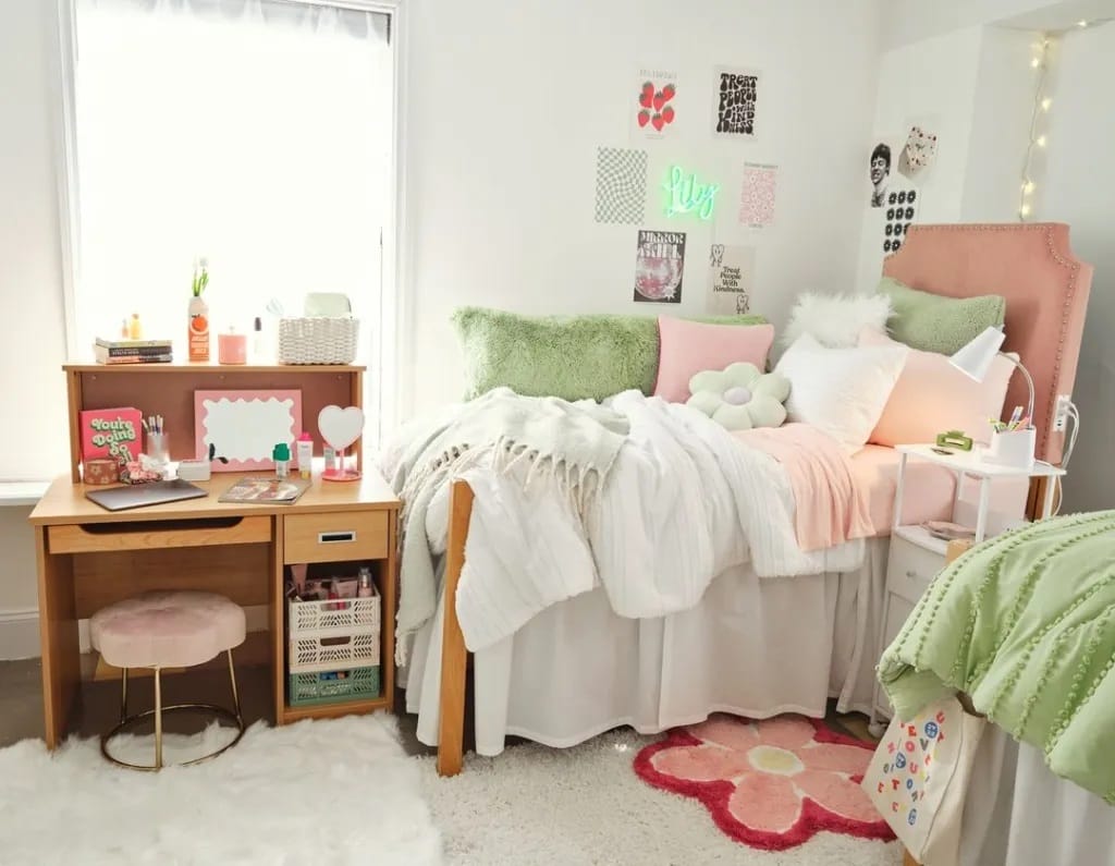 Vibrant dorm room with pastel decor and bright pops of color.