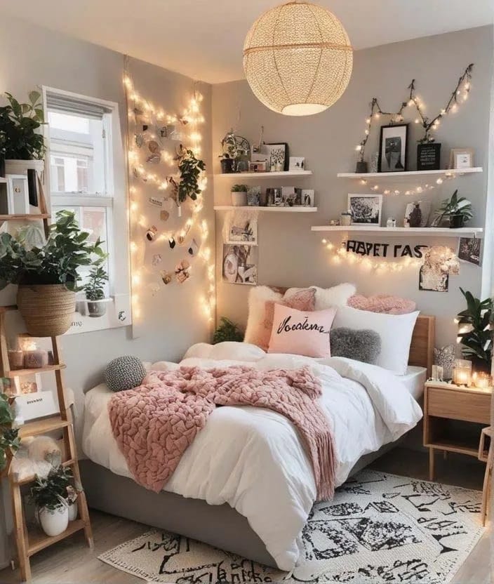 Boho dorm room with string lights, plants, and cozy bedding.