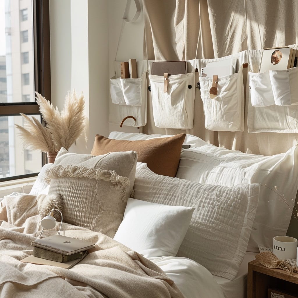 Neutral-toned bed with beige and white bedding, wall organizer, and window view.