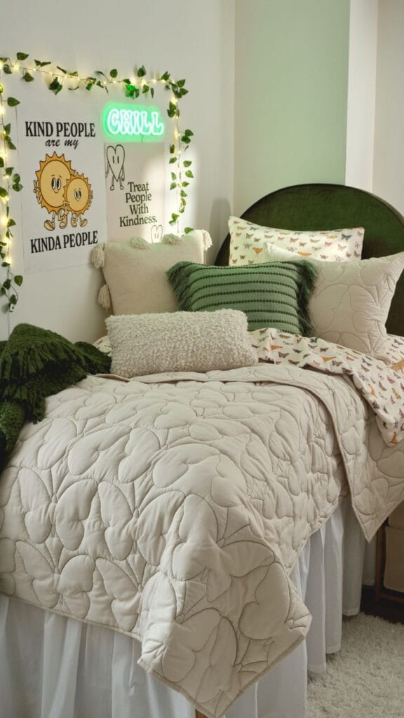 Bed with green and beige pillows, "CHILL" neon sign, and wall art with positive messages.