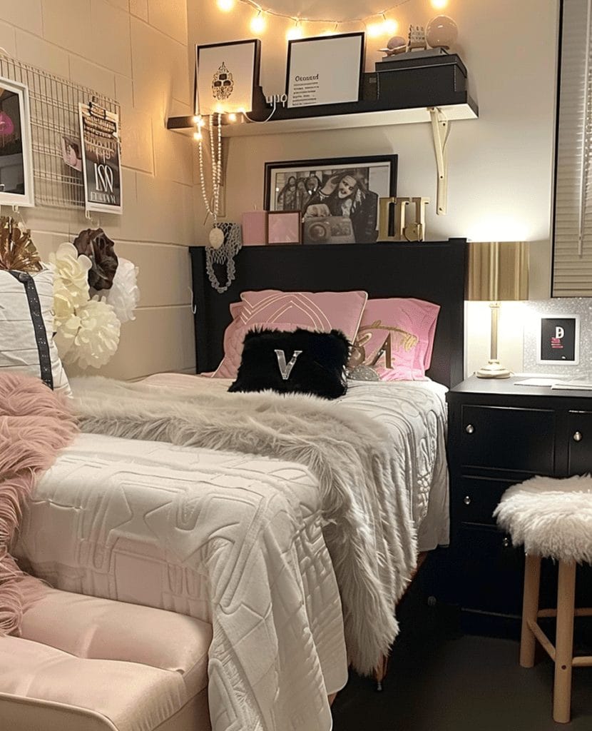  A chic dorm room with pink and black decor, plush textures, stylish lighting, and elegant accents.