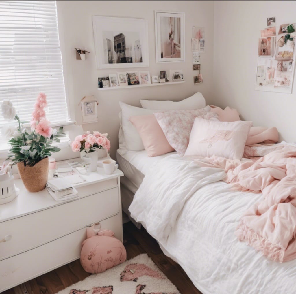 A sophisticated dorm room with blush pink accents, soft textures, and elegant decor.